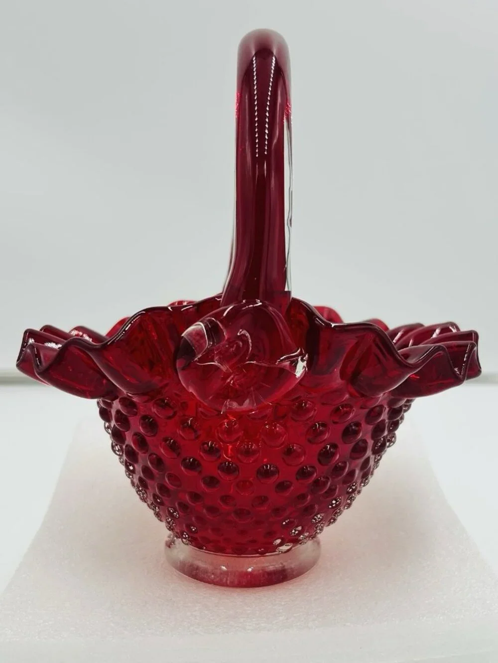 Vintage Fenton Ruby Red Hobnail Glass Basket 7.5